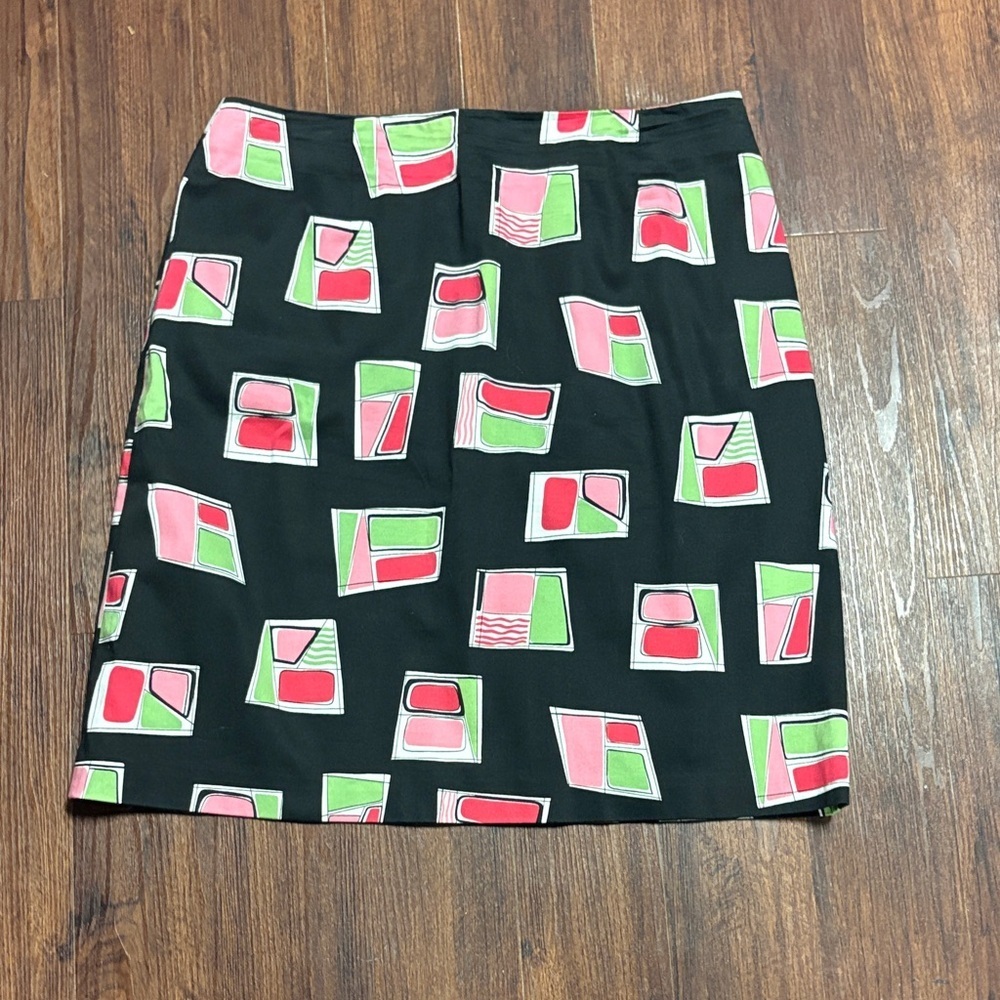 Talbots Stretch Black Skirt with Red and Green Geometric Print